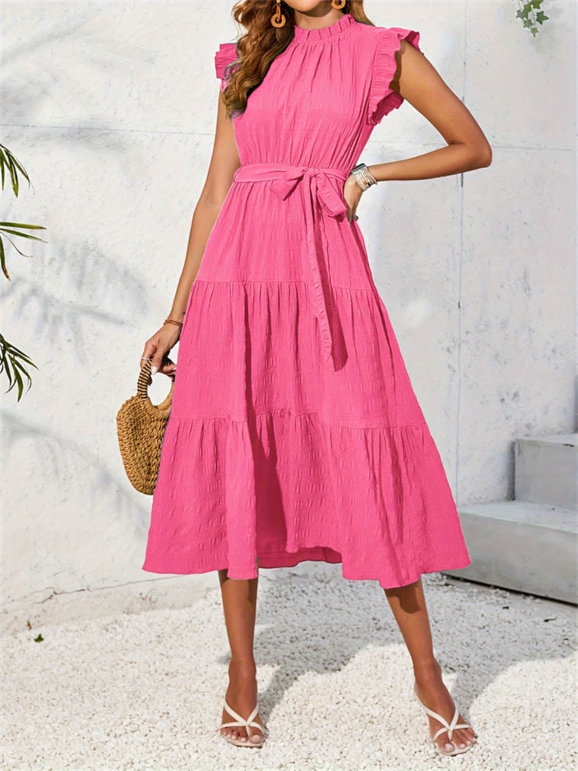 Frill Mock Neck Ruffled Cap Sleeve Midi Dress Hot Pink / S