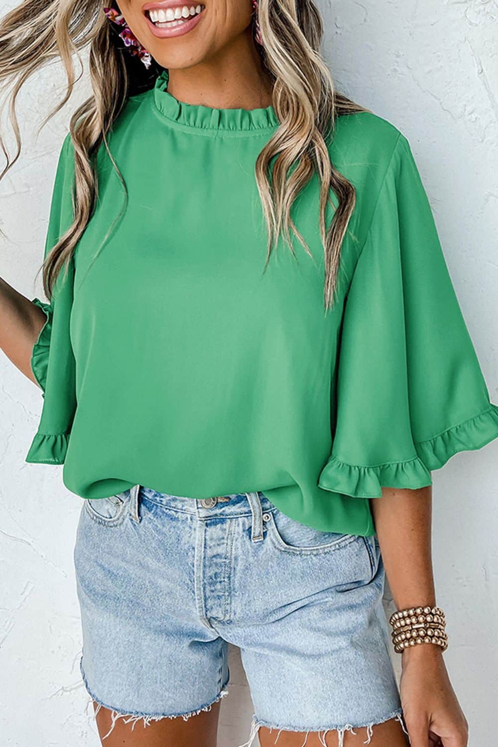 Frill Round Neck Wide Half Sleeve Blouse Green / S