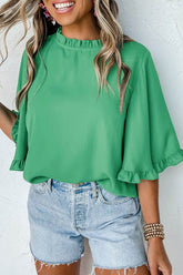 Frill Round Neck Wide Half Sleeve Blouse Green / S