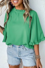 Frill Round Neck Wide Half Sleeve Blouse Green / S