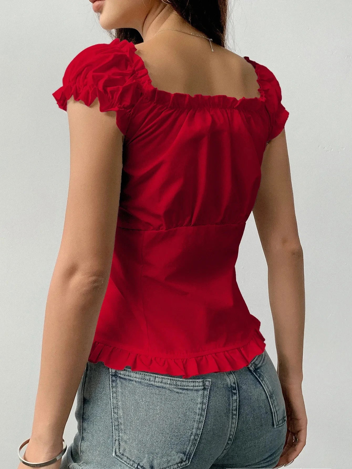 Frill Ruched Cap Sleeve Blouse