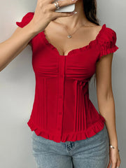 Frill Ruched Cap Sleeve Blouse