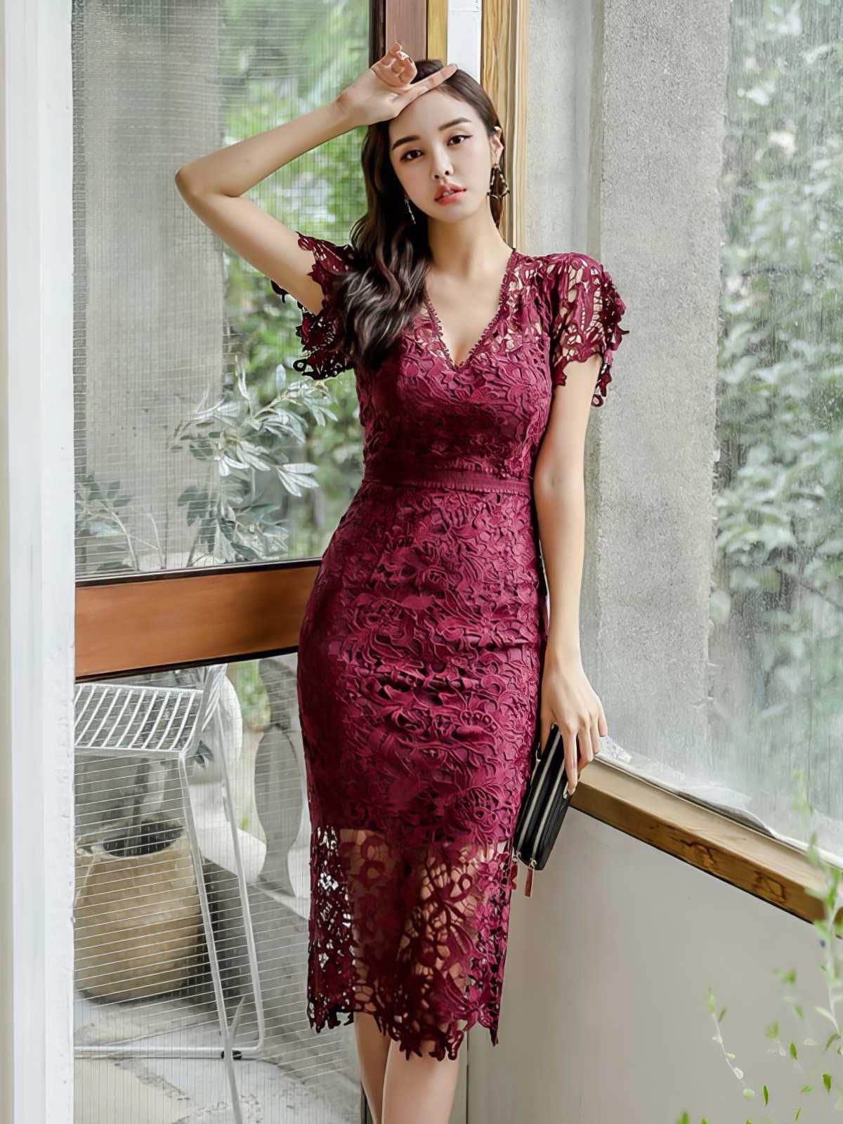 Frill Sleeves Lace-Trimmed Crochet Dress S / Maroon