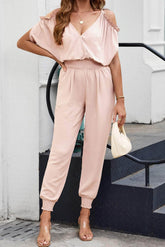 Frill Surplice Cold Shoulder Jumpsuit Watermelon pink / S