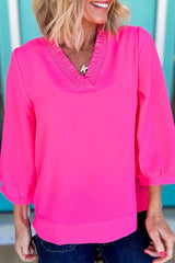 Frill Trim V-Neck Blouse Hot Pink / S