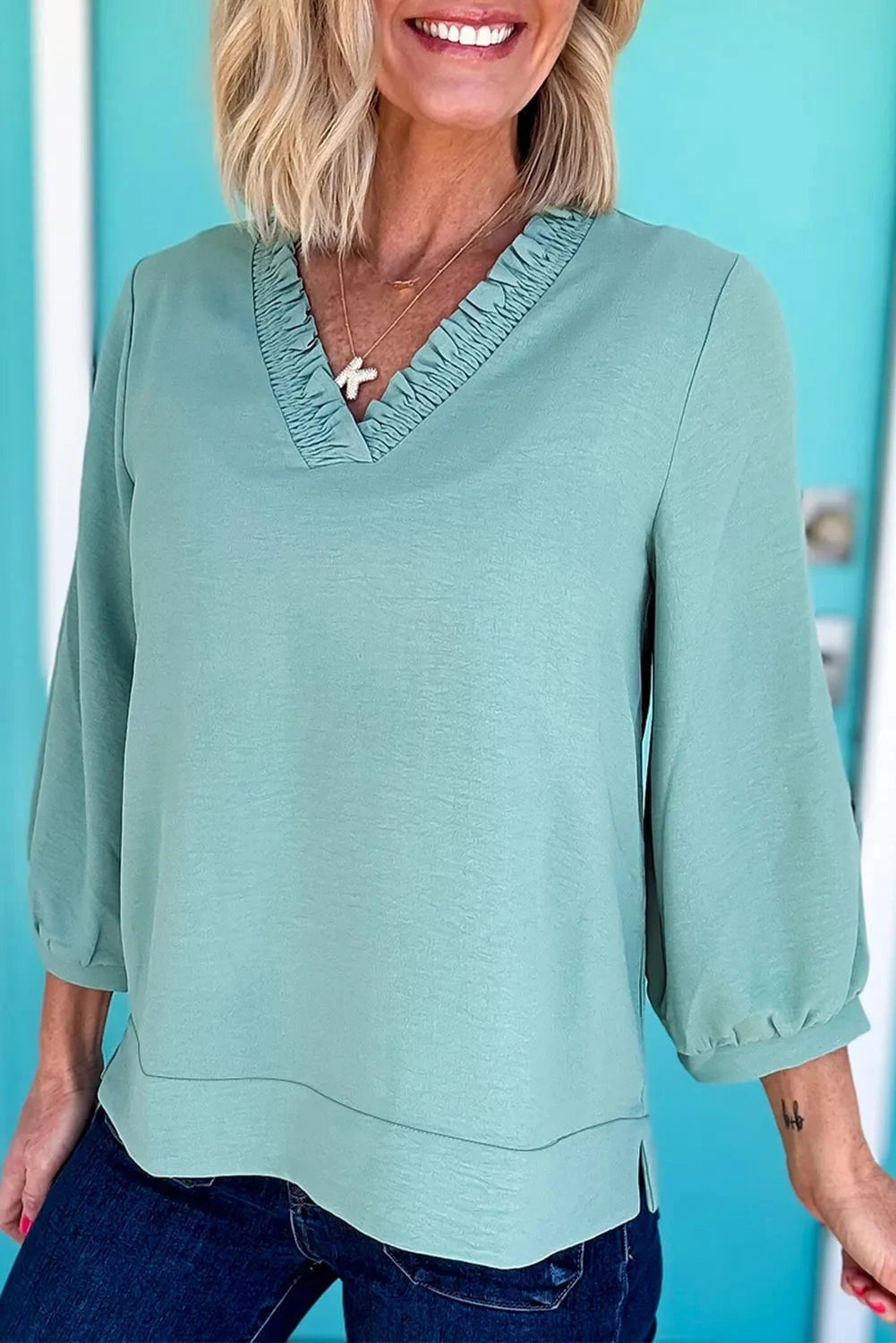 Frill Trim V-Neck Blouse Sage / S
