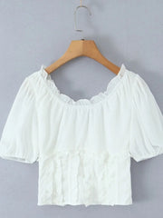 Frill V-Neck Puff Sleeve Blouse