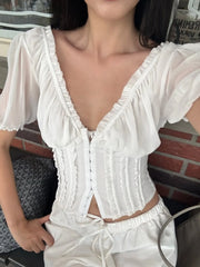 Frill V-Neck Puff Sleeve Blouse
