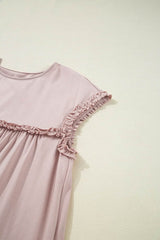 Frilled Trim Crew Neck Cap Sleeve Loose Fit Mini Dress