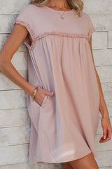 Frilled Trim Crew Neck Cap Sleeve Loose Fit Mini Dress