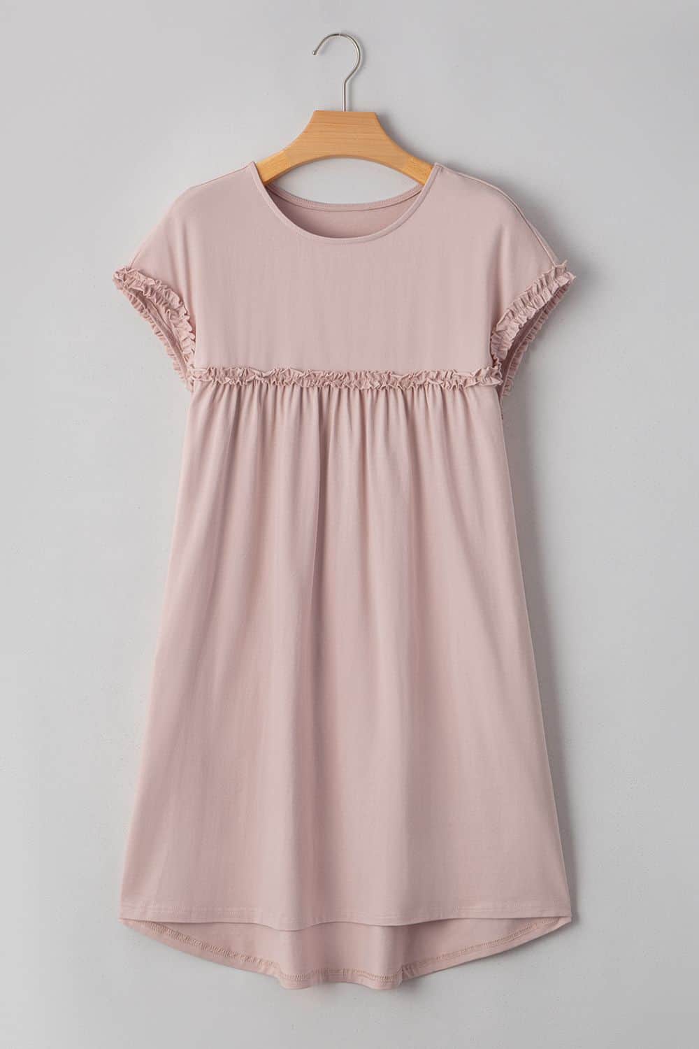 Frilled Trim Crew Neck Cap Sleeve Loose Fit Mini Dress