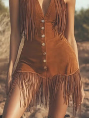Fringe Button Front Mini Dress