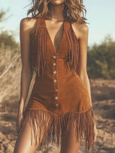 Fringe Button Front Mini Dress Dark Brown / S