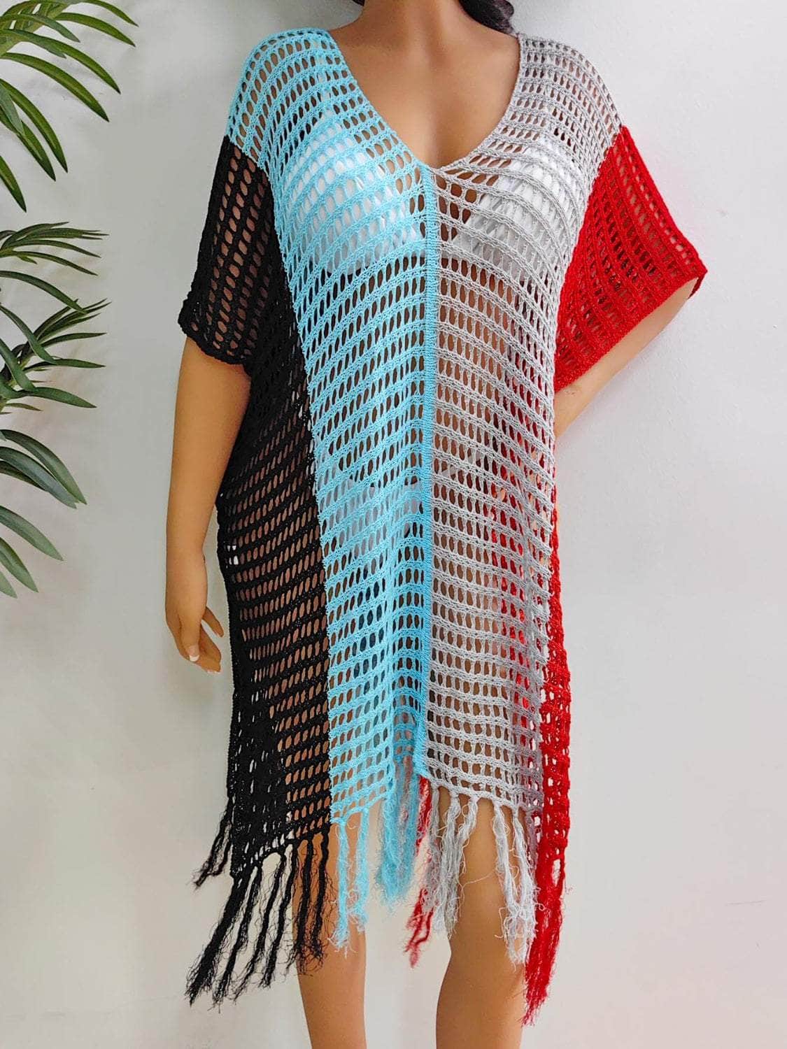 Fringe Color Block Scoop Neck Cover Up Black / One Size