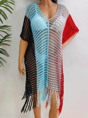 Fringe Color Block Scoop Neck Cover Up Black / One Size