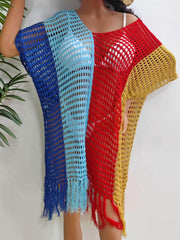 Fringe Color Block Scoop Neck Cover Up Royal Blue / One Size