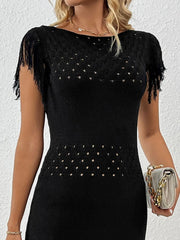 Fringe Crochet Boat Neck Sweater Dress