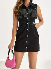 Fringe Detail Button-Front Mini Dress