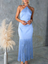 Fringe Halter Neck Dress Blue / S