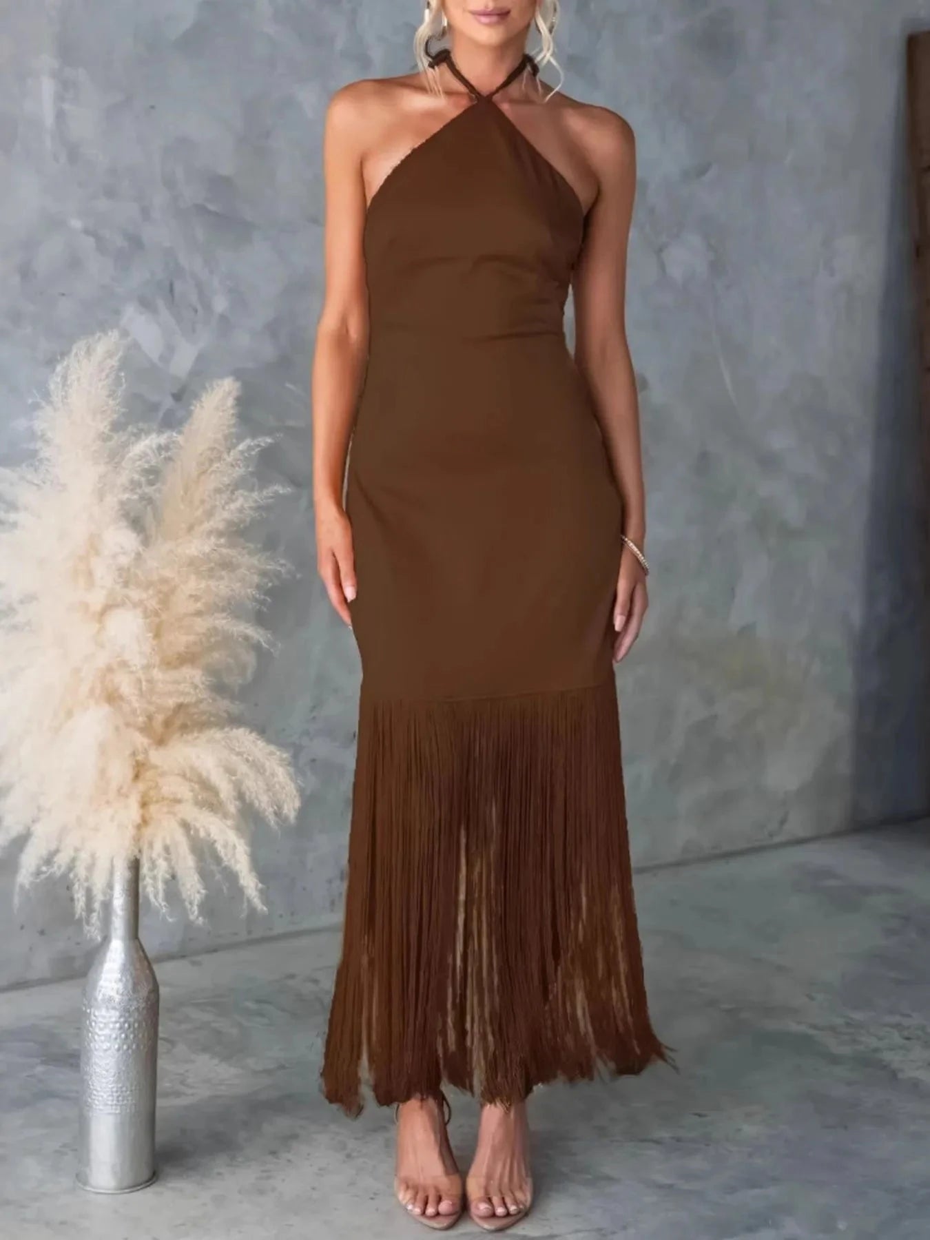 Fringe Halter Neck Dress Light Brown / S