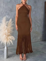 Fringe Halter Neck Dress Light Brown / S
