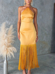 Fringe Halter Neck Dress Yellow / S