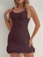Fringe Hem Knit Cami Dress Red Coffee Color / XS