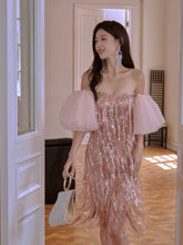 Fringe Hem Puffy Sleeve Sequin Dress