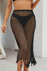 Fringe Openwork High Waist Swim Skirt Black / S
