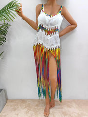 Fringe Scoop Neck Spaghetti Strap Cover-Up White / One Size