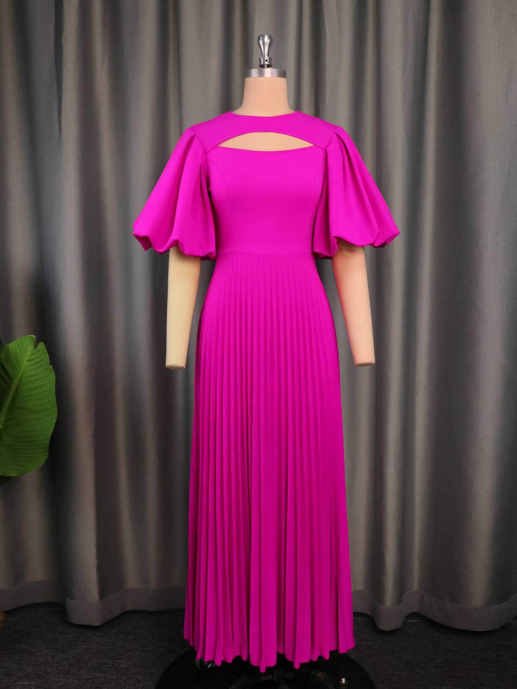 Front Cutout Ruffled Sleeves Pleated Dress