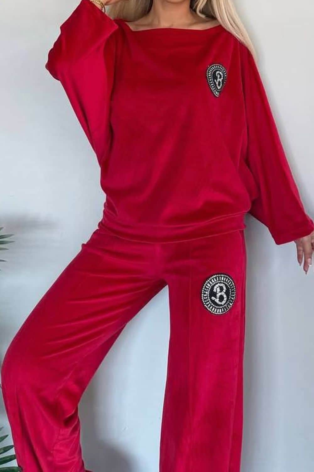 Full Size Boat Neck Long Sleeve Top and Pants Set Scarlet / S