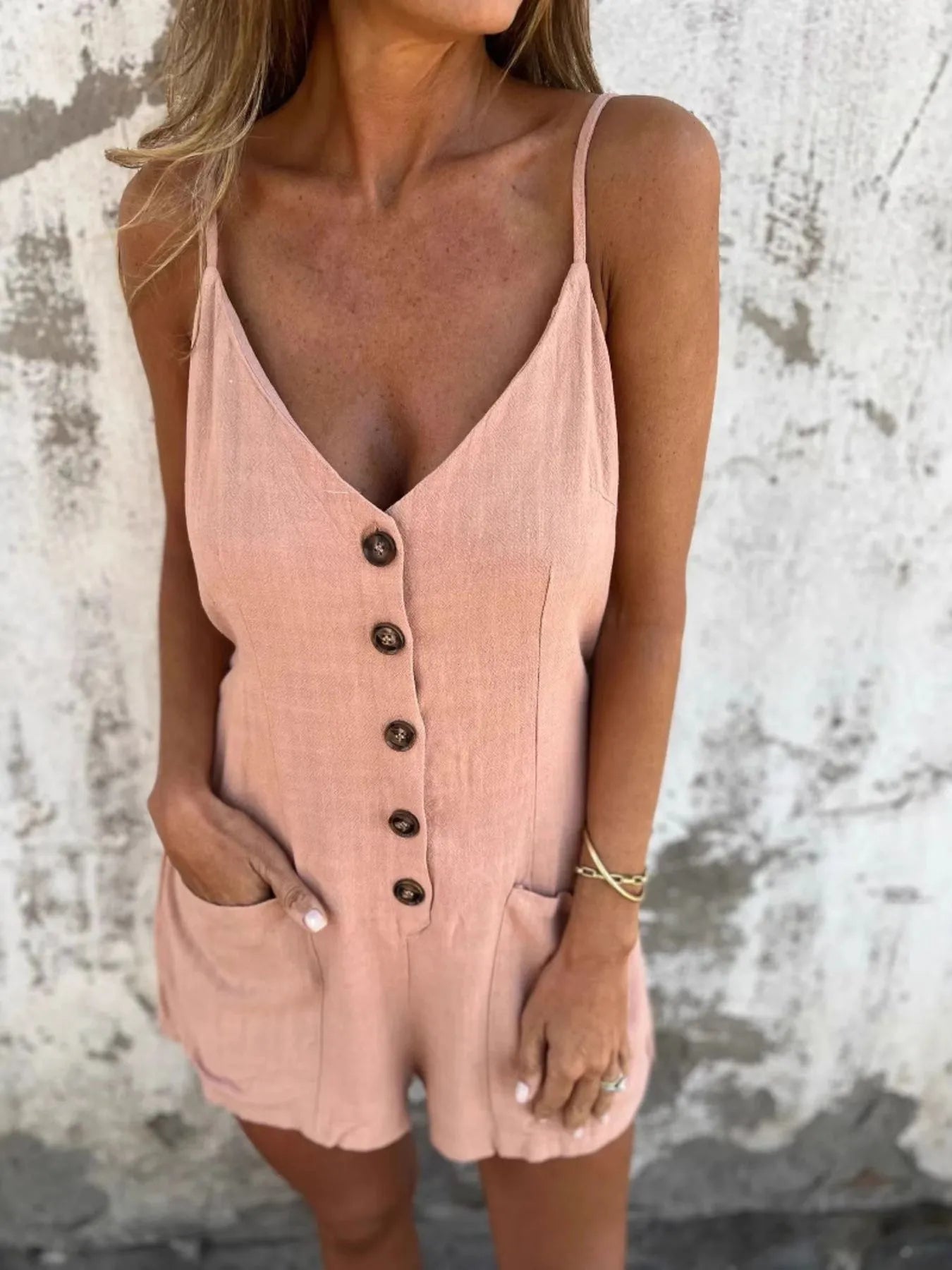 Full Size Button-Front Belted Cami Romper Plus Size