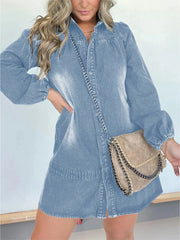 Full Size Button Front Long Sleeve Denim Dress Plus Size Blue / S