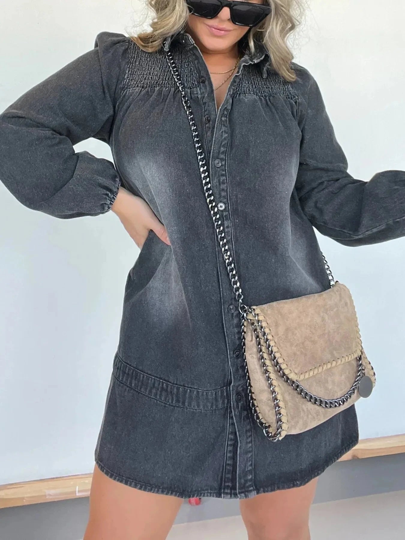 Full Size Button Front Long Sleeve Denim Dress Plus Size Washed Black / S