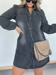 Full Size Button Front Long Sleeve Denim Dress Plus Size Washed Black / S