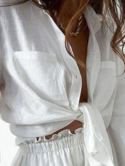 Full Size Button Up Balloon Sleeve Top and Shorts Set Plus Size