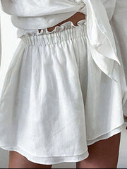 Full Size Button Up Balloon Sleeve Top and Shorts Set Plus Size