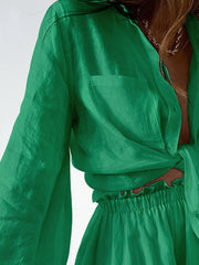 Full Size Button Up Balloon Sleeve Top and Shorts Set Plus Size