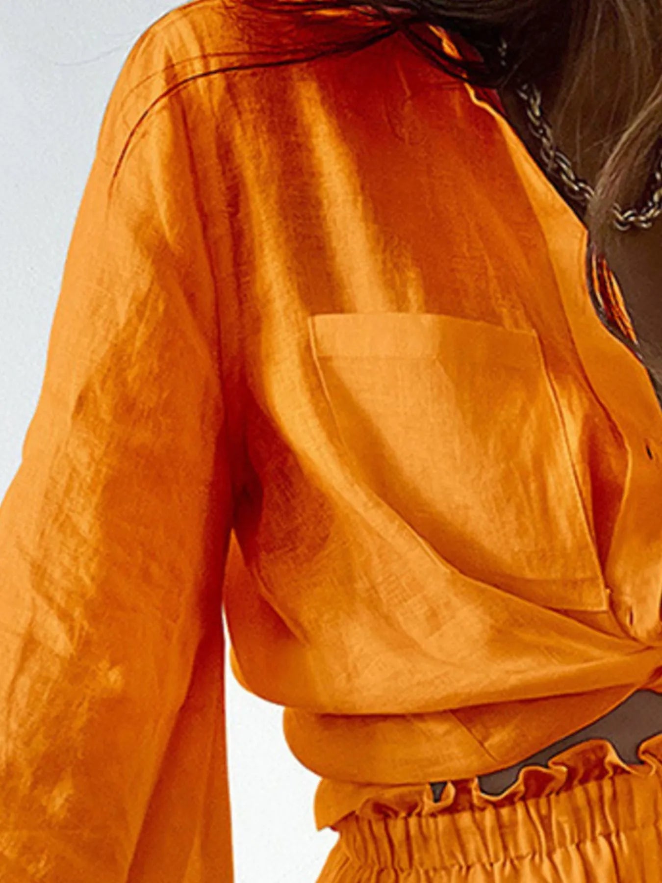 Full Size Button Up Balloon Sleeve Top and Shorts Set Plus Size