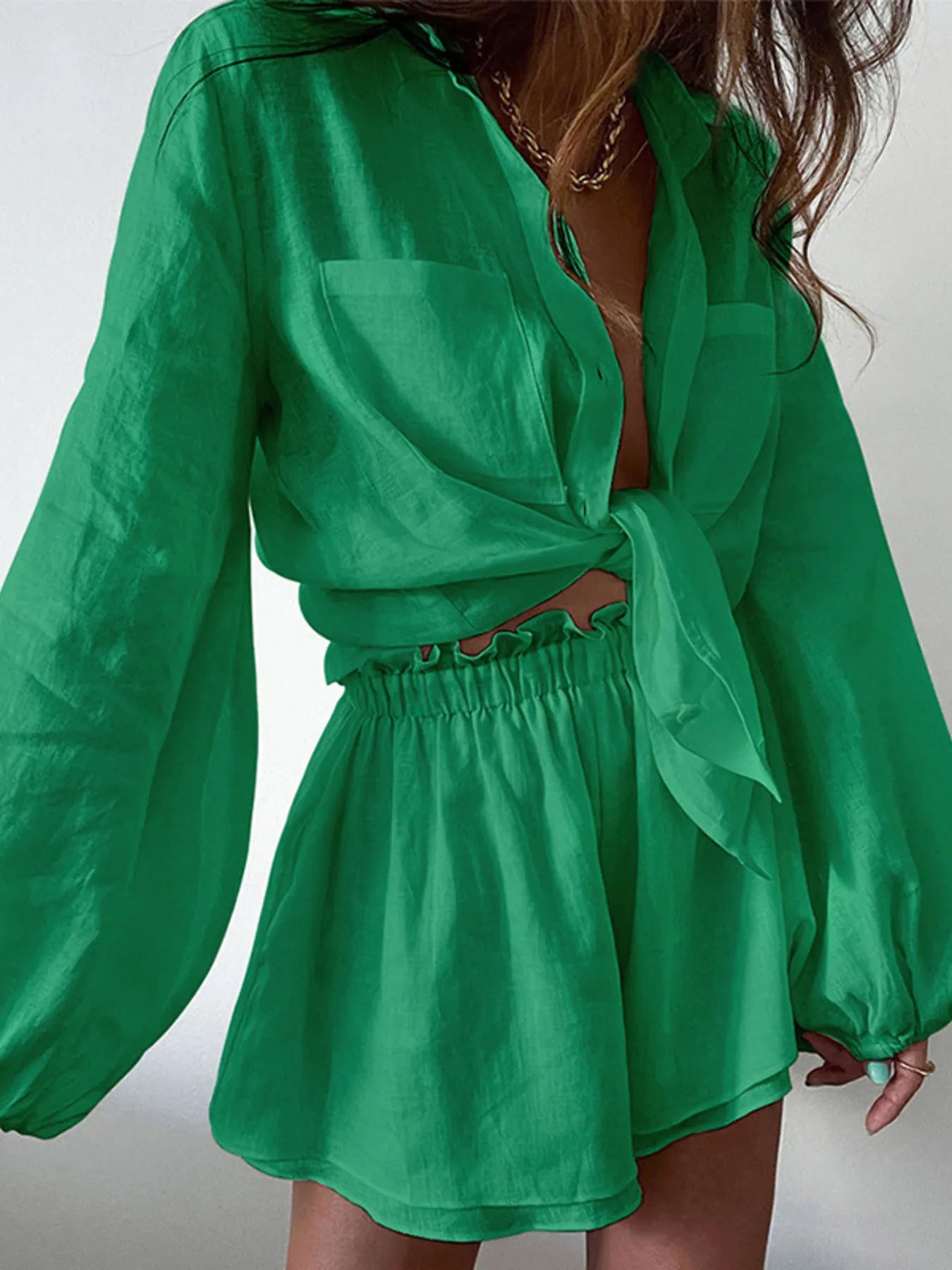 Full Size Button Up Balloon Sleeve Top and Shorts Set Plus Size Green / S