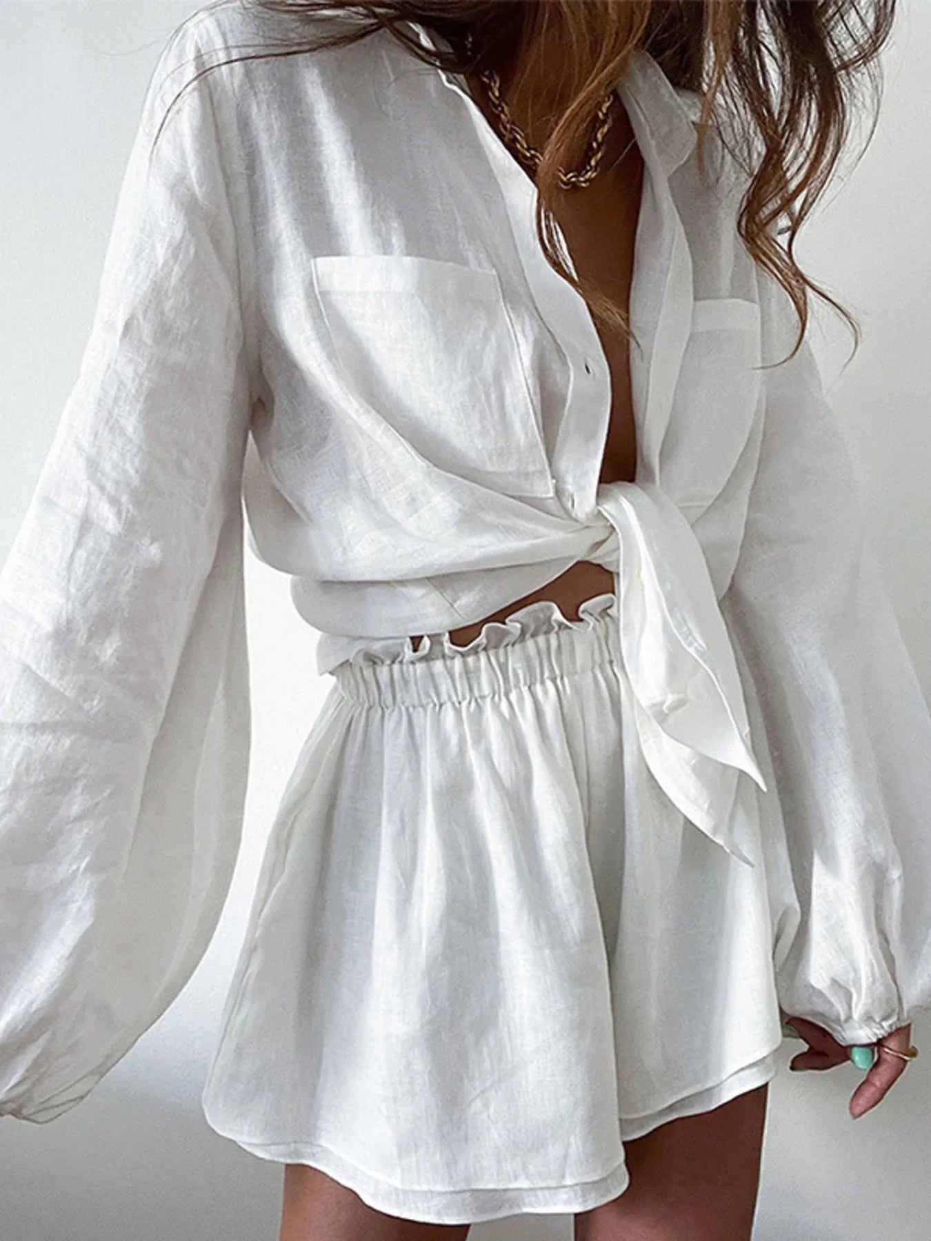 Full Size Button Up Balloon Sleeve Top and Shorts Set Plus Size White / S