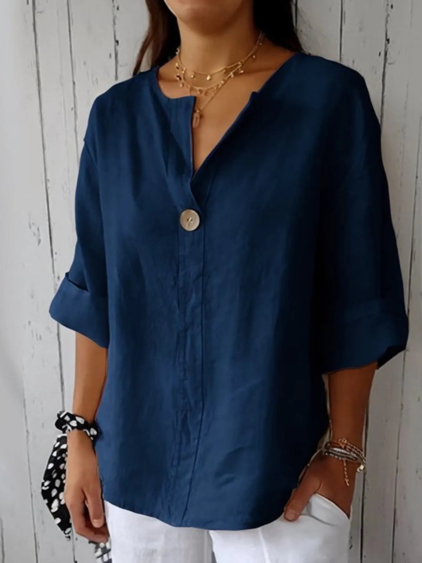 Full Size Casual Notched Drop Shoulder Blouse Plus Size Navy / S
