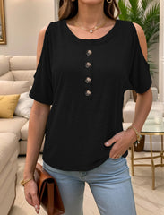 Full Size Cold Shoulder Button Front T-Shirt Plus Size Black / S