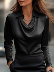 Full Size Collared Neck Long Sleeve Blouse Plus Size Black / S