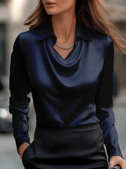 Full Size Collared Neck Long Sleeve Blouse Plus Size Dark Blue / S