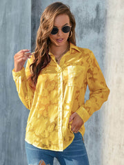 Full Size Collared Neck Long Sleeve Shirt Plus Size Yellow / S