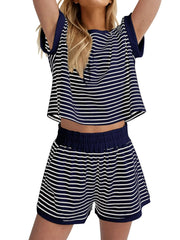 Full Size Contrast Striped T-Shirt and Shorts Set Plus Size
