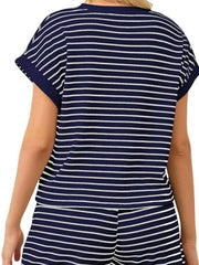 Full Size Contrast Striped T-Shirt and Shorts Set Plus Size