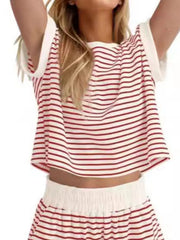 Full Size Contrast Striped T-Shirt and Shorts Set Plus Size